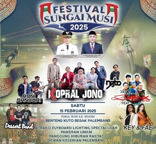 Nikmati Festival Sungai Musi 2025 di BKB! Atraksi flyboard spektakuler, Palembang Night Run, seni budaya, pameran UMKM, musik Kopral Jono, dan hiburan gratis